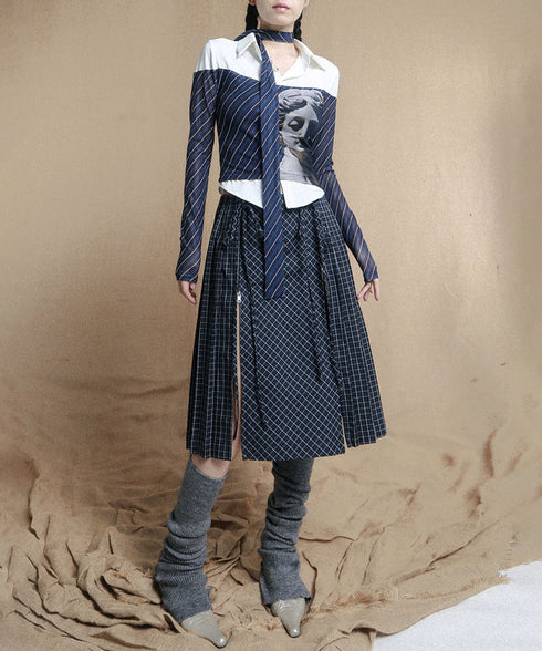 Double Zipper Plaid Pleated Skirt